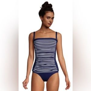 Lands' End Bandeau Tankini Top Swimsuit Deep Sea Navy Stripe-NWT